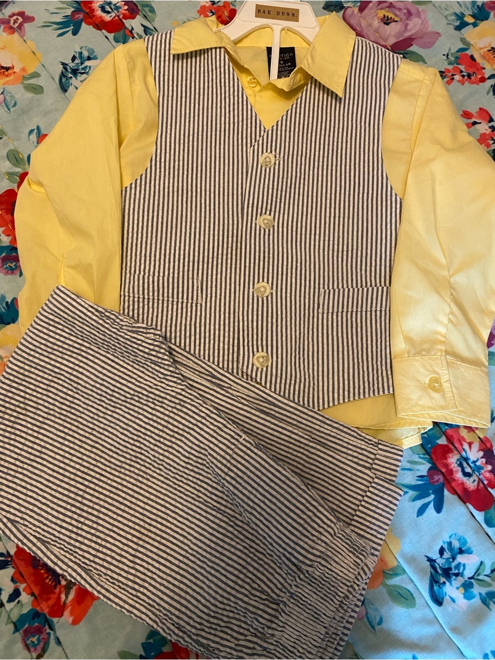 Boys Yellow Dress Shirt with Striped Seersucker Vest & pants set